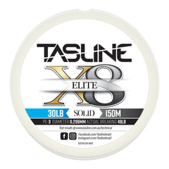 Tasline Elite Pure Spectra Solid 8X braided line spooled for smooth casting and high strength use.