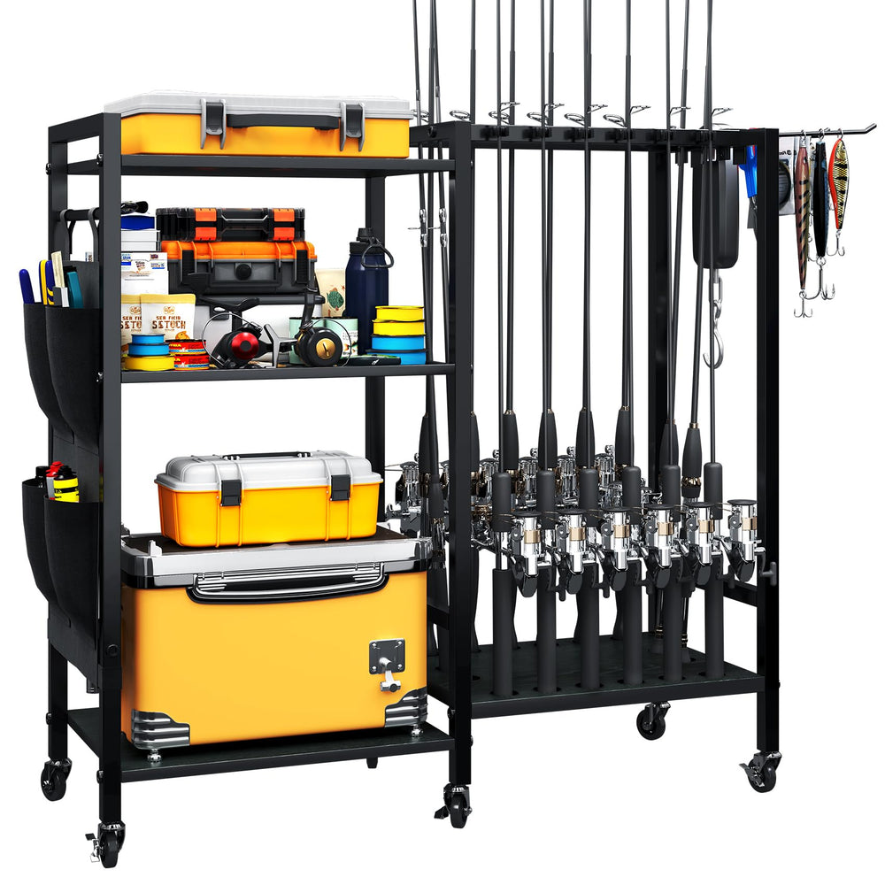 Front view of TC-HOMENY 16-Rod Fishing Rod Holder with 3-tier rack