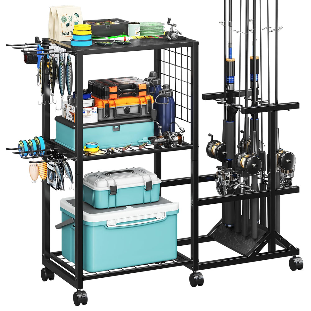 TC-HOMENY fishing rod holders front view shows sturdy 10-rod capacity for organized storage.
