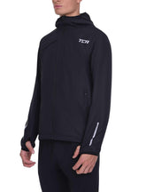 TCA men's running softshell jacket waterproof hood in action for rainy runs
