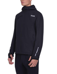 TCA men's running softshell jacket waterproof hood in action for rainy runs