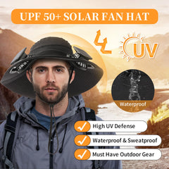 TCXCEO solar powered fan hat in-use-fishing shows hands-free airflow.