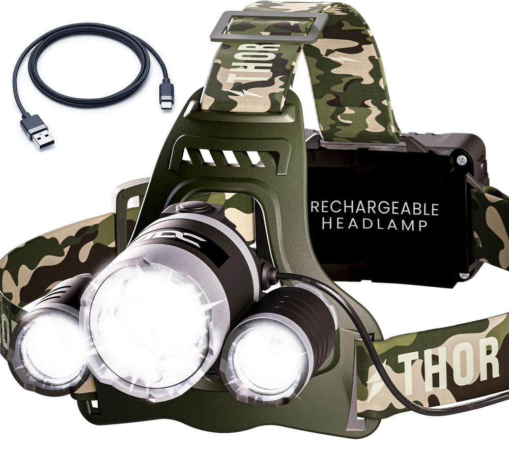 TDC camo rechargeable headlamp zoomable LED for versatile outdoor lighting.