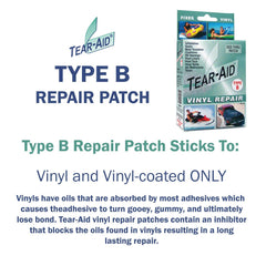 TEAR-AID Type B patch with adhesive inhibitor for durable vinyl fixes