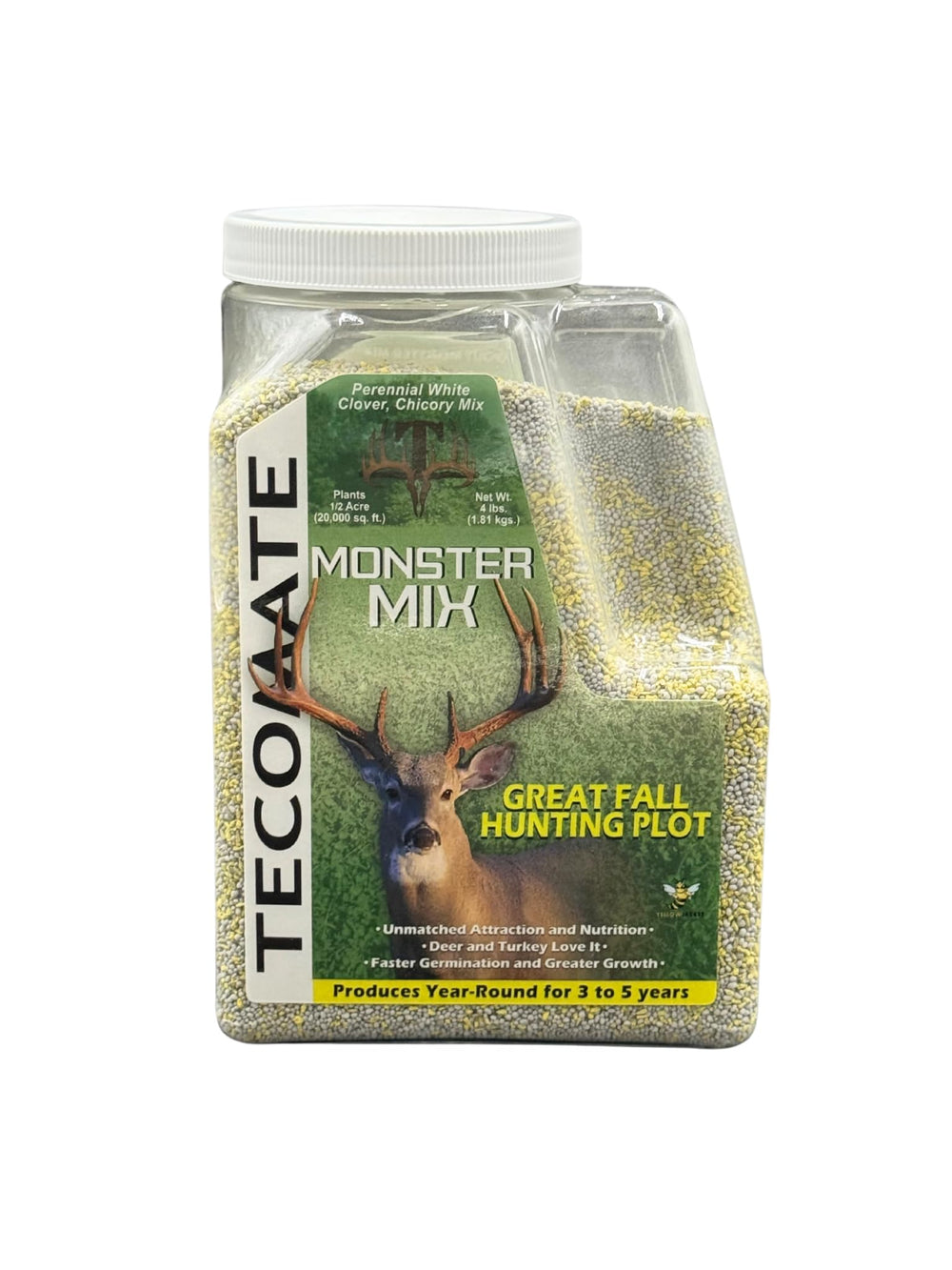 Tecomate Monster Mix seed blend in bag, premium clover and chicory for year-round nutrition.