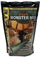 Tecomate Monster Mix seed bag for both deer and turkey plots, promoting year-round attraction.