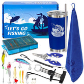 Teen boy fishing gift set components laid out: pliers and lanyard