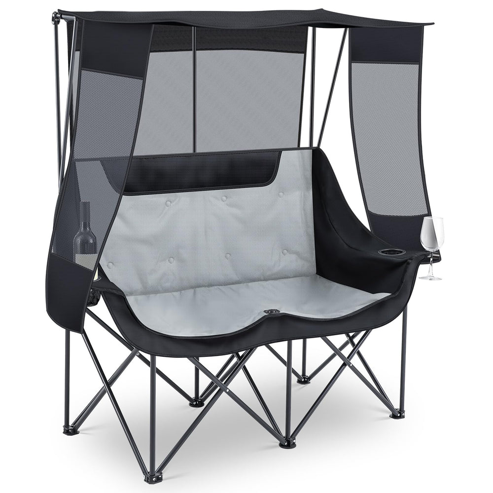 Teenyyou double camping chair with canopy front view offers cooling shade on sunny outings.