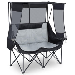 Teenyyou double camping chair with canopy front view offers cooling shade on sunny outings.