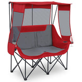 Teenyyou double camping chair with canopy provides shaded comfort for two outdoors.