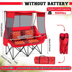 Teenyyou heated double camping chair side view reveals shade and wind protection.