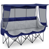 Teenyyou oversized 3-person camping chair with canopy blue provides shaded seating for a sunny beach day.
