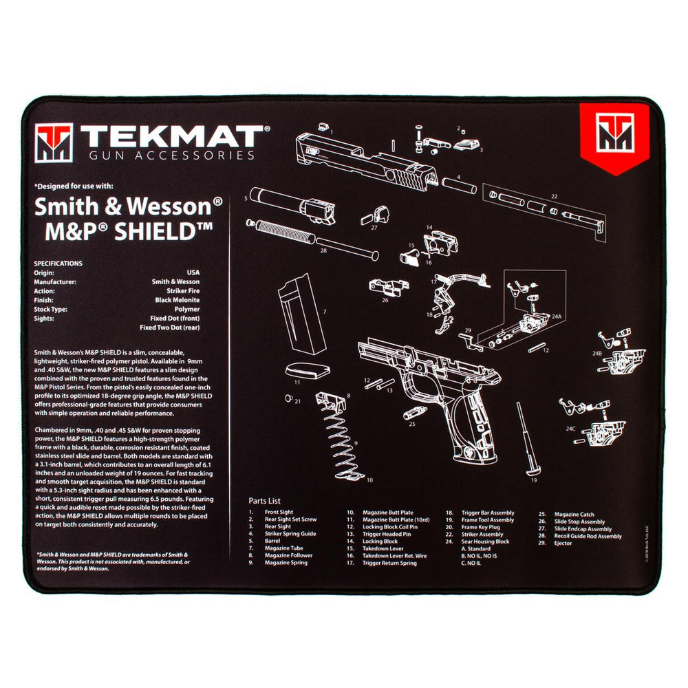 Tekmat 20x15 Ultra Handgun Cleaning Mat featuring M&P Shield design laid flat