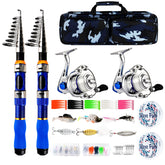 Blue telescopic fishing rod and reel combo with two 6.89ft poles