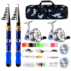 Blue telescopic fishing rod and reel combo with two 6.89ft poles