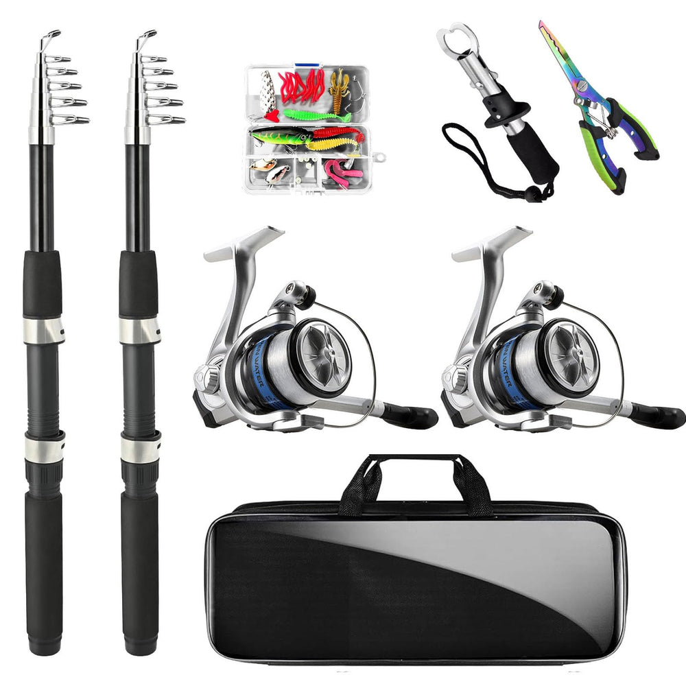 Telescopic fishing rod and reel combo set with two collapsible poles