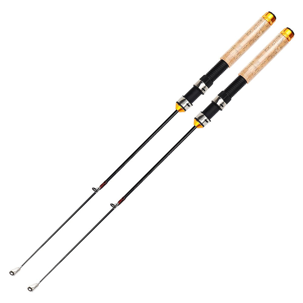 Telescopic ice fishing rod, complete with two wooden cork-handle rods in closed state