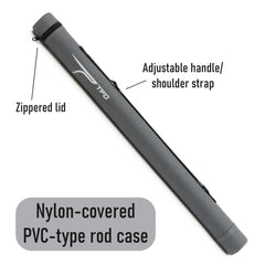 Temple Fork Outfitters circular rod case shows adjustable handle and shoulder strap for easy portability.