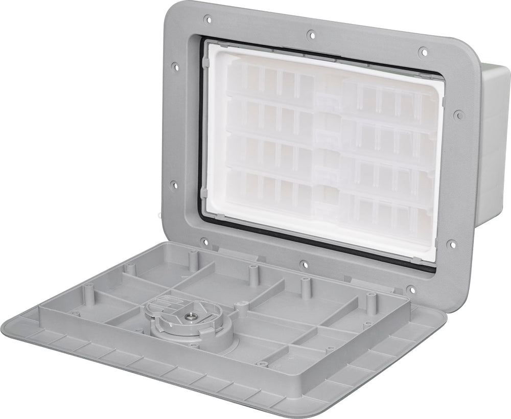Tempress 1115 Cam tackle hatch exterior view in dark gray for rugged marine use
