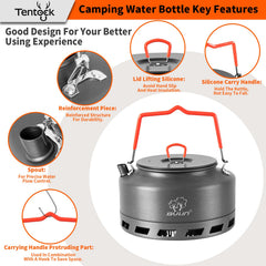Tentock camping kettle folding-handle emphasizes compact storage after meals outdoors.