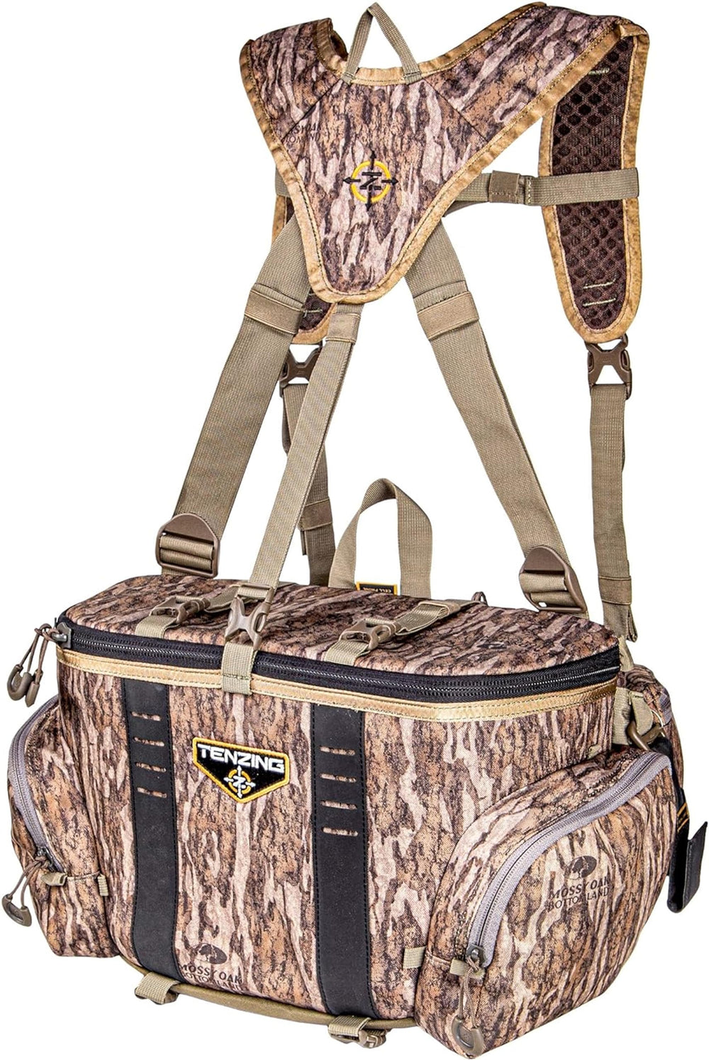 TENZING Hangtime lumbar pack in Mossy Oak Bottomland front view for camo in dense brush