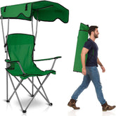 TeqHome camping chair with canopy extended for full sun protection on outdoor seating.
