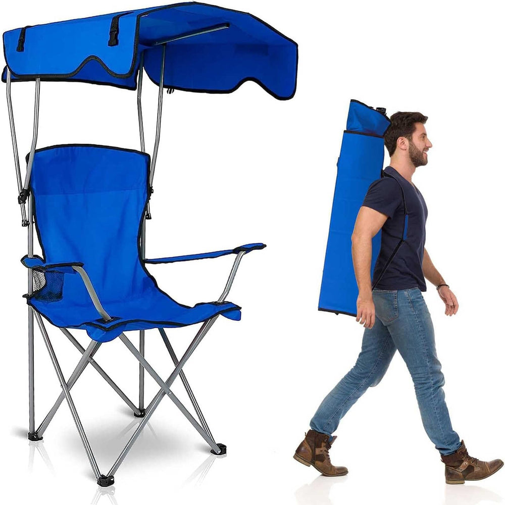 TeqHome camping chair with canopy shading the sun on a sunny beach day.