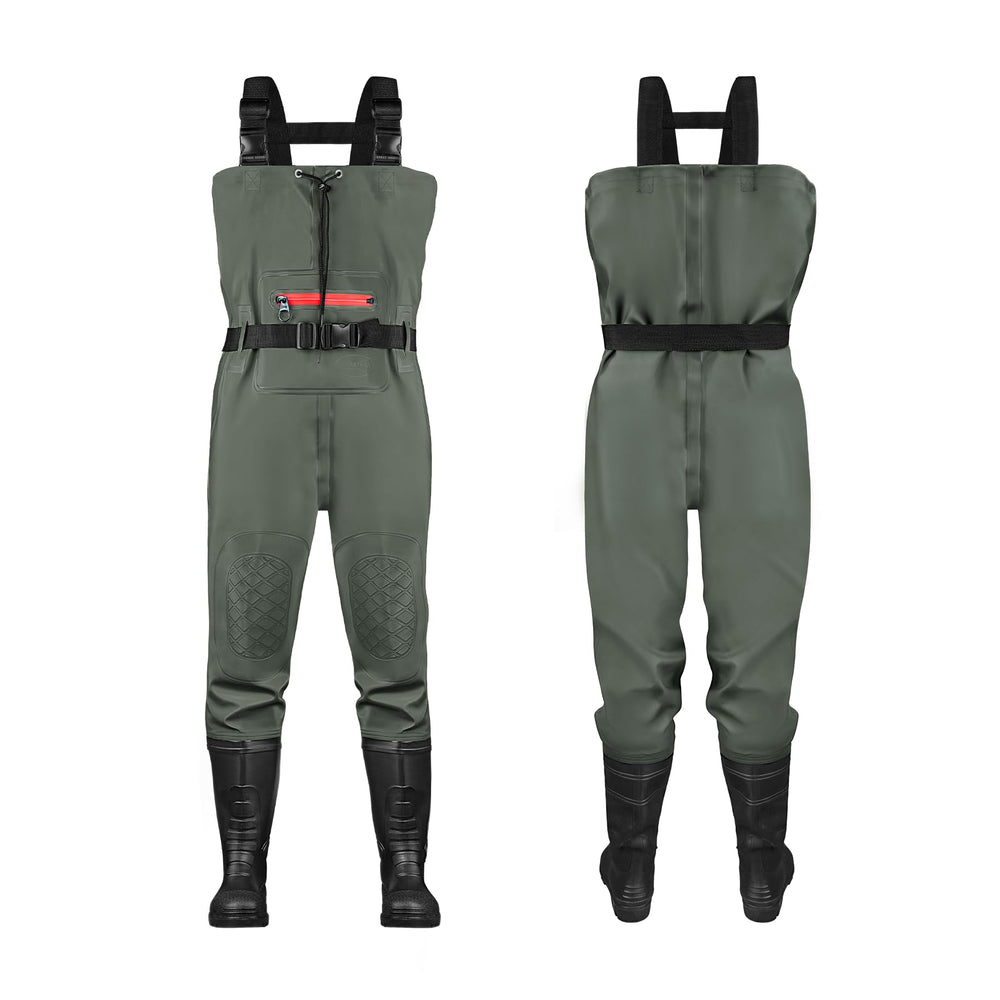 TerraTrax fishing chest waders — front view with adjustable H-back suspenders