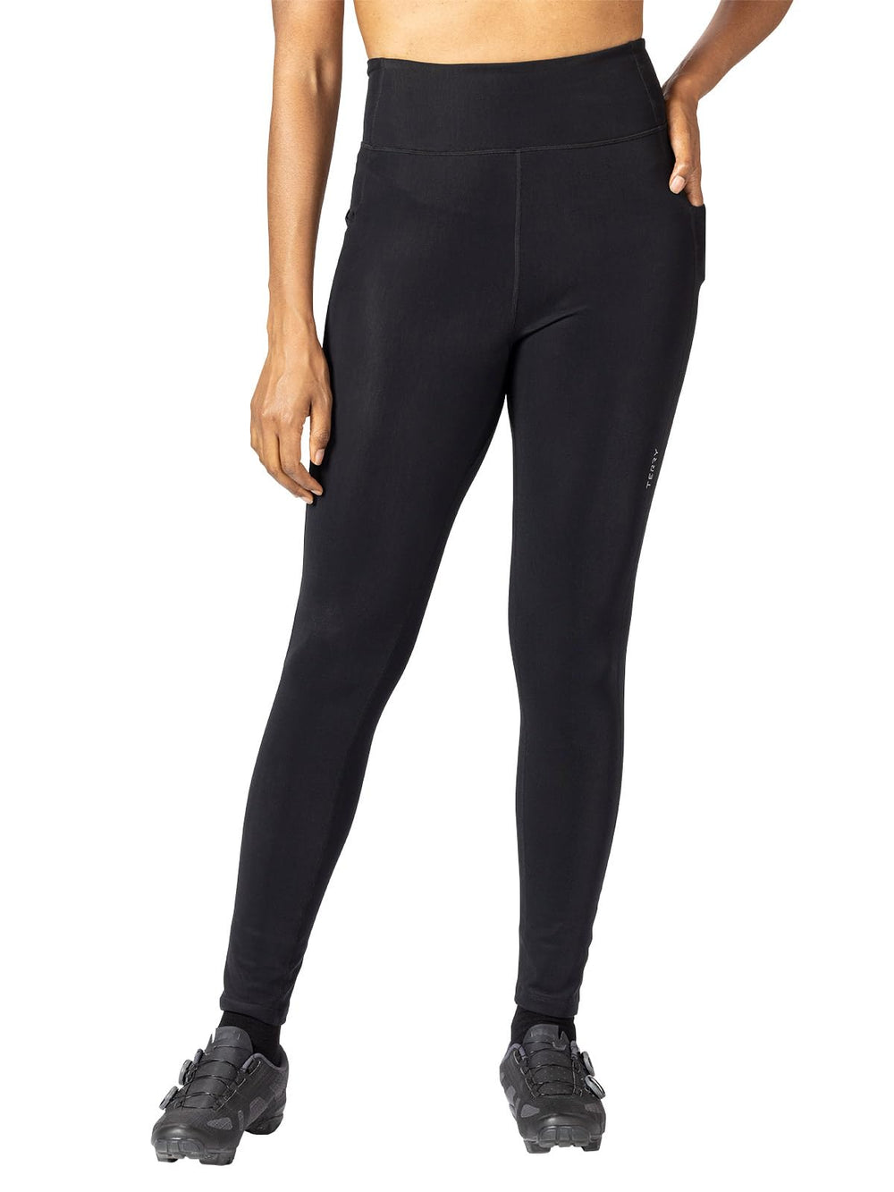 Terry padless hi-rise tight, front view, suited for biking and outdoor workouts.