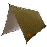 Texas Bushcraft emergency tarp shelter between trees blocks rain for hikers.