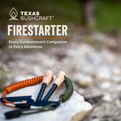 Texas Bushcraft ferro rod sparks close-up for reliable tinder ignition.