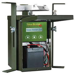 Texas Hunter TH70 feeder battery compartment highlights easy access for off-grid operation.