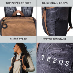 Tezos Juniper Daypack top closure and lid cover secure belongings during travel.