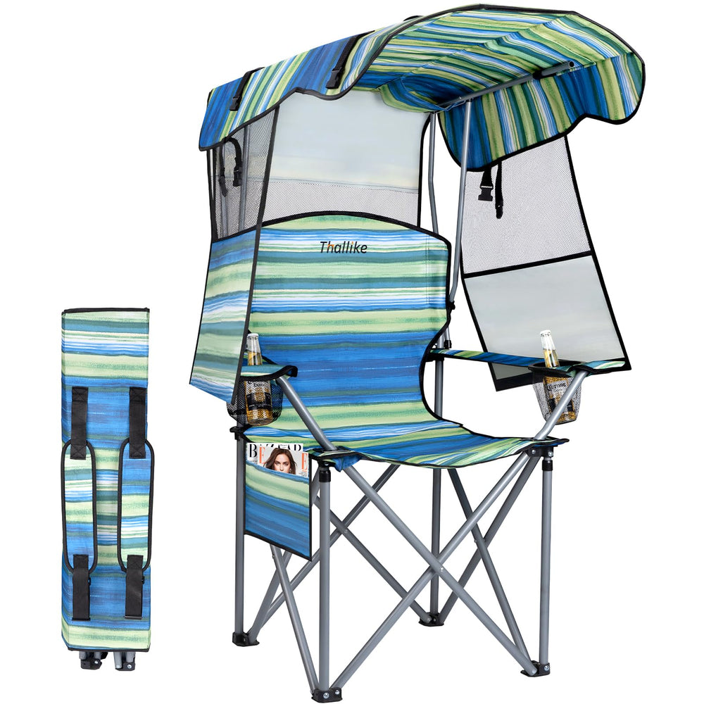 Thallike folding camping chair with canopy shows extended shade for sun control.