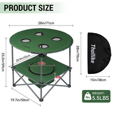 Thallike portable folding table with insulated cooler shows built-in chill space for beverages.