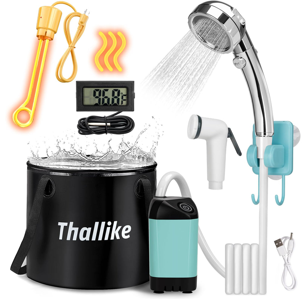 Thallike portable shower with immersion heater delivering quick warm water outdoors.