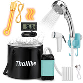 Thallike portable shower with immersion heater delivering quick warm water outdoors.