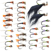 The Fly Crate 30-pack nymph flies sized #8–#16 for versatile river fishing.