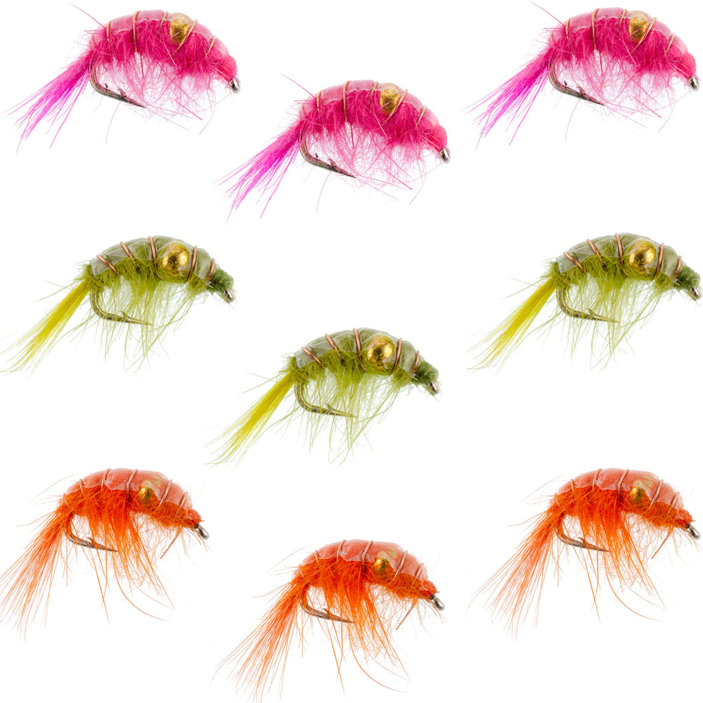 The Fly Fishing Place beaded shrimp scud assortment with nine flies for deep-water nymphing