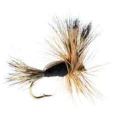 The Fly Fishing Place Black Humpy hairwing close-up, attractor for surface feeding trout.