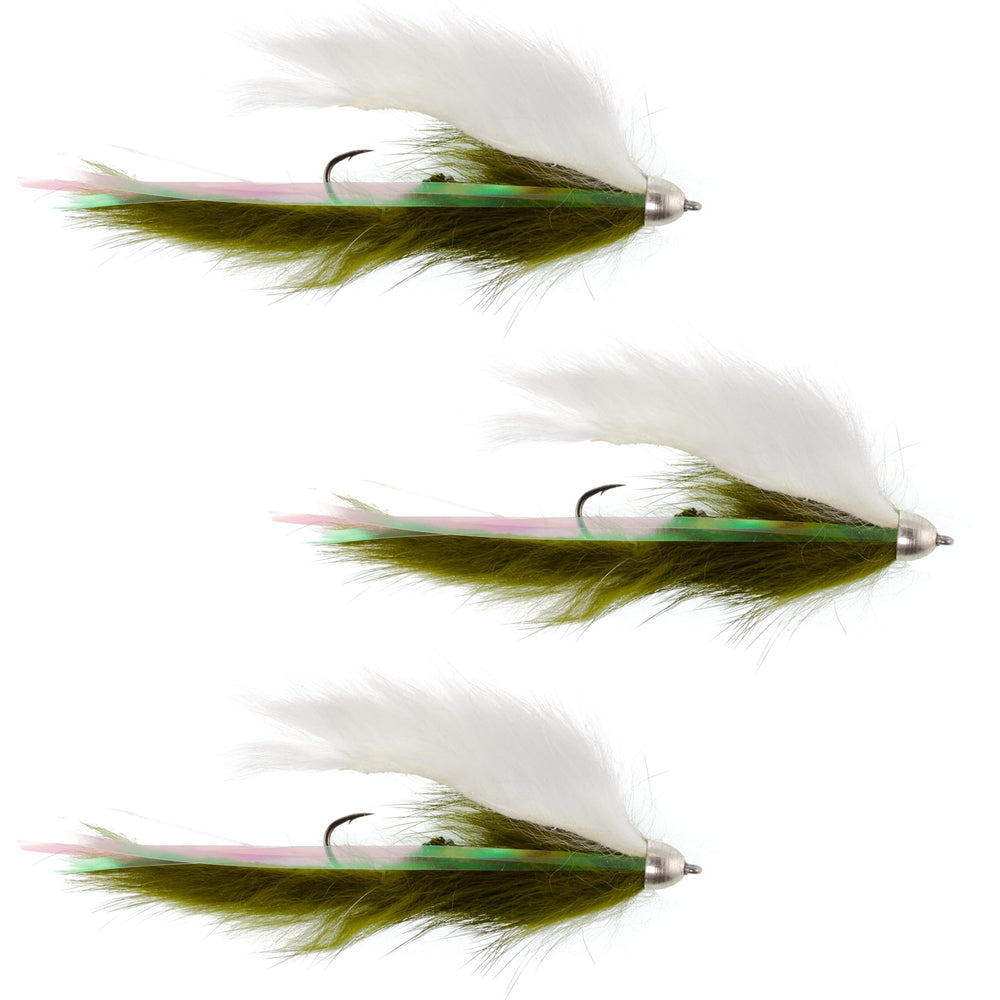 The Fly Fishing Place Dolly Llama Stinger Olive White flies attract big trout and steelhead.