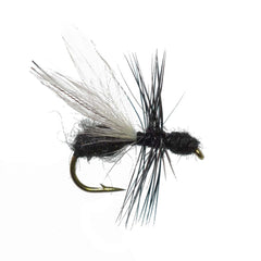 Close-up of The Fly Fishing Place Flying Black Ant dry fly, hand-tied for trout.