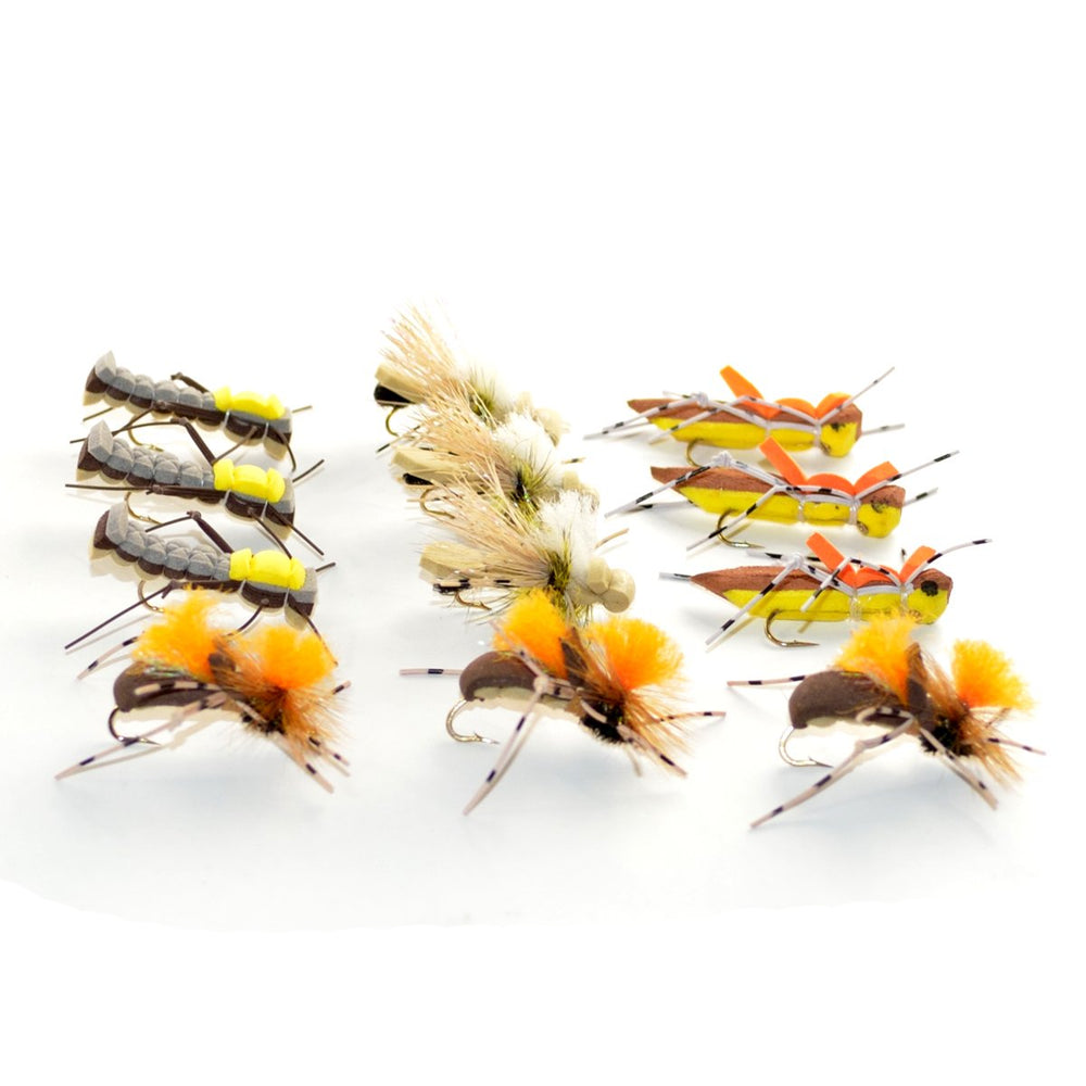 The Fly Fishing Place Grasshopper trout flies with foam body improve visibility and fish-attracting action.
