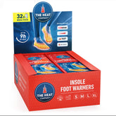 The Heat Company insole foot warmers packaging shows 32 pairs for extended warmth.