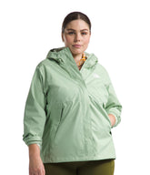 The North Face Antora jacket front view in Misty Sage showing waterproof protection for rainy days.