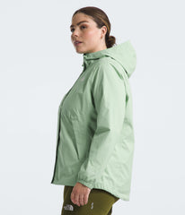 The North Face Antora hooded view in Misty Sage demonstrates a three-in-one warmth layering option.