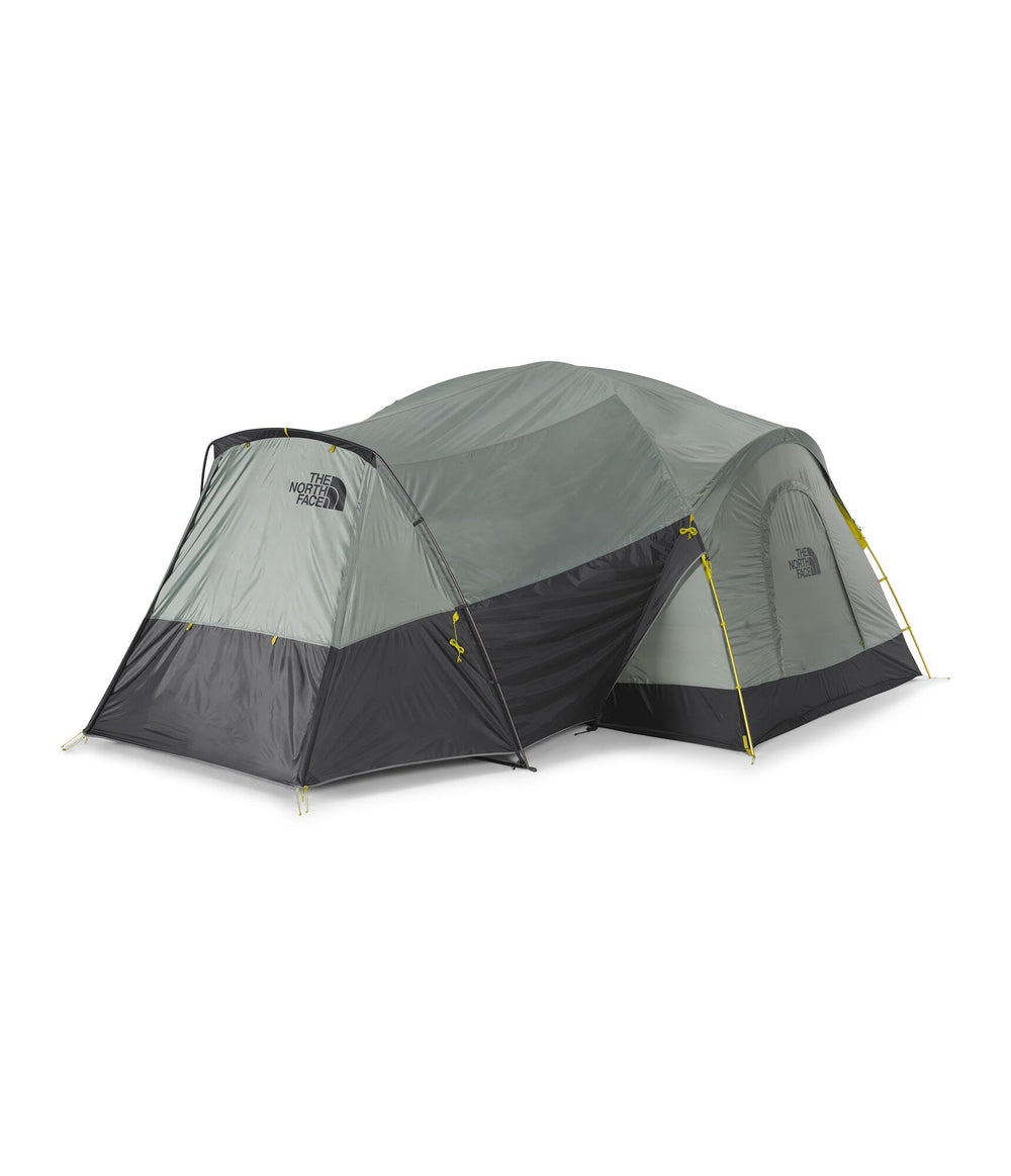 The North Face Wawona 8 exterior in agave green offers a spacious family camping shelter.