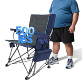 The Treasmap heated camping chair blue front view shows durable 600D fabric for outdoor comfort.