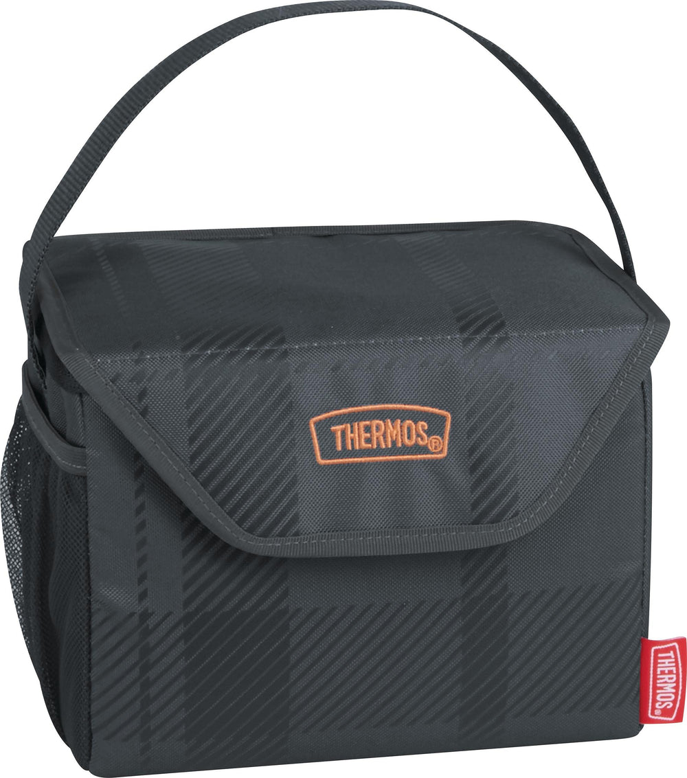 Thermos Kids 6 Can Cooler charcoal plaid with a padded handle for school lunches.