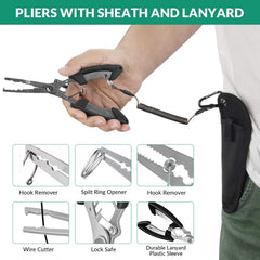 THKFISH fishing pliers kit closeup demonstrates reliable toolset for hook removal and line cutting
